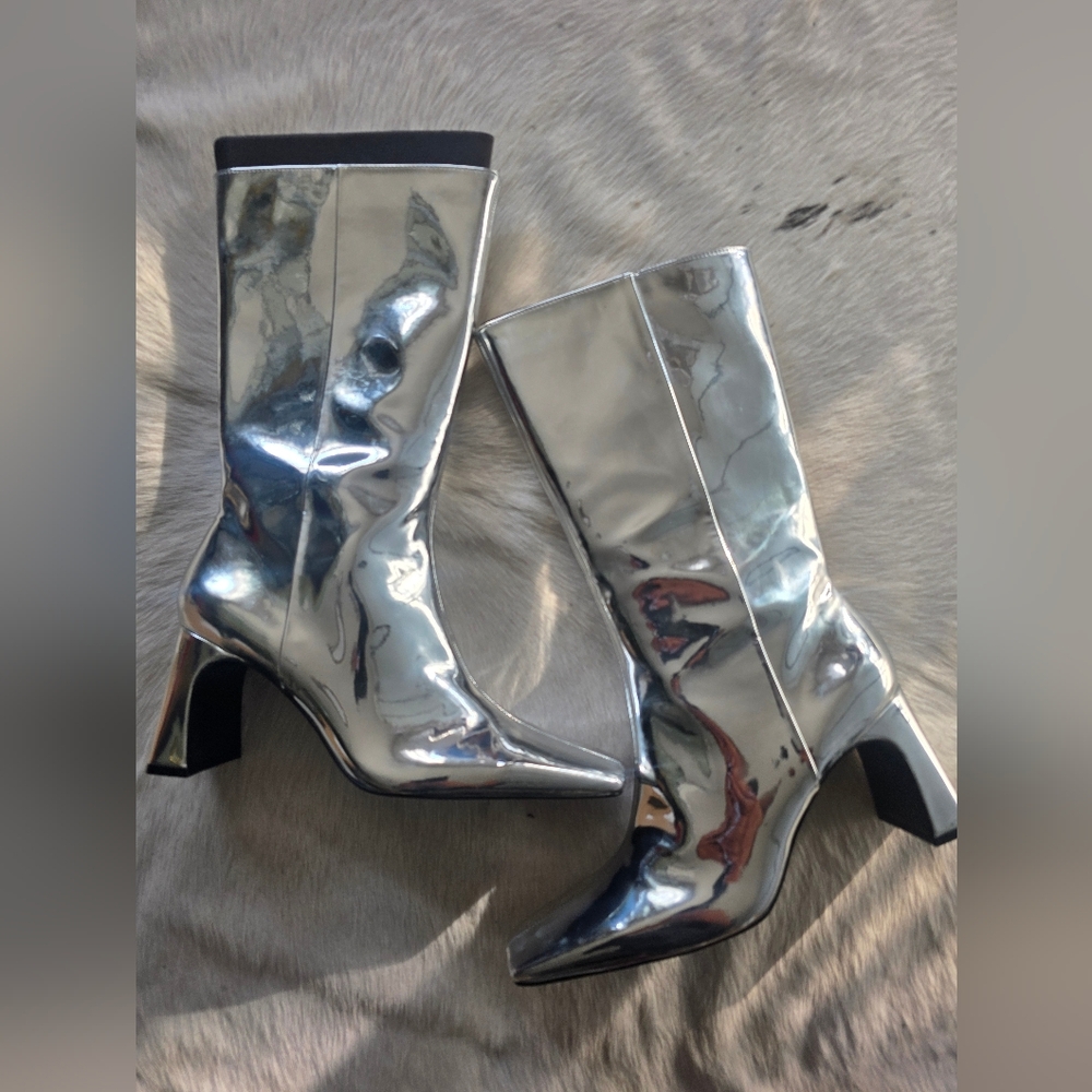NEW Zara Silver Mirror Mid-Calf Boots